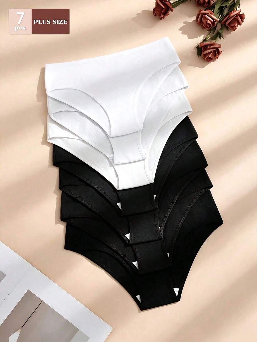 7pcs Plus Size Black & White Low Waist Cotton Women's Triangle Panties Casual Comfortable Girls Underwear - Black and White - View 1