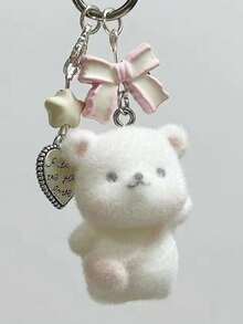 Dedoo 白色小熊蝴蝶結星星鑰匙圈吊飾，金屬心形刻字吊牌，彈簧夾，甜美女孩禮物與日常配件 - 彩色 - 查看 3