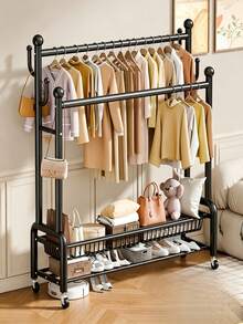 Double‑Pole Floor‑Standing Movable Coat Rack With Universal Casters For Easy Movement, Side Hooks, Double‑Layer Storage Space, Thickened Stable Tubing, Available In Black And White, Provides Large‑Capacity Storage For Clothes, Hats And Shoes - A - View 1