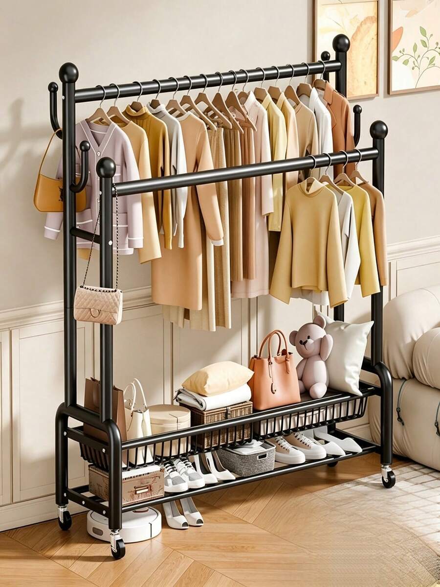 Double‑Pole Floor‑Standing Movable Coat Rack With Universal Casters For Easy Movement, Side Hooks, Double‑Layer Storage Space, Thickened Stable Tubing, Available In Black And White, Provides Large‑Capacity Storage For Clothes, Hats And Shoes - A - View 1