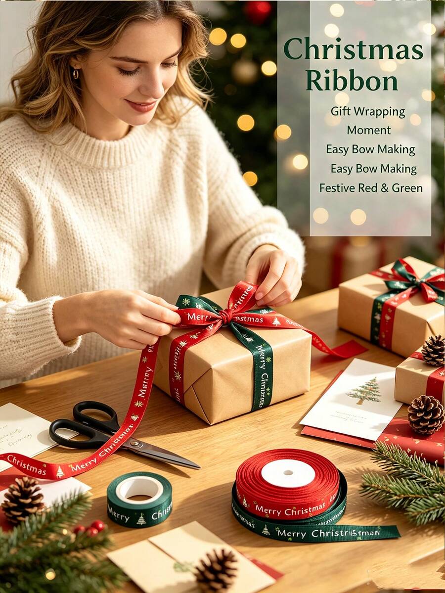 Christmas Ribbon - Red And Green Color Scheme, Printed With "Merry Christmas", Suitable For Gift Wrapping, Wreaths, Crafts, Decorations, Holiday Decor, Decorative Stripes, Smooth Surface - Multicolor - View 1