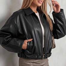 Women's Buckle Leather Oversize Relax Fit Cut Jacket - Black - View 6