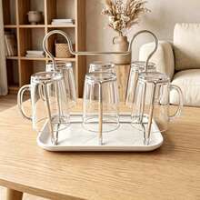 1pc 6‑Cup Stainless Steel Cup Drying Rack, Detachable Drip Tray With Handle, Kitchen Countertop Mug Storage Organizer - Multicolor - View 4