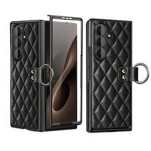 ALuoQ Fashion Plaid Leather (Non-Animal Skin) Ring Holder Phone Case With Tempered Glass Lens Protector, Shockproof Protective Cover For Samsung Z Fold 2 3 4 5 6 7 - Black - View 20