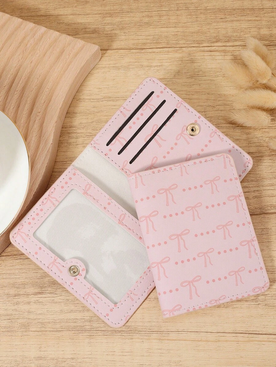 Fashionable Bow Print Snap Button Women's Coin Wallet, Lightweight And Portable Cash, Credit Card, Coin Card Bag, Suitable For Outdoor And Travel - Pink - View 1