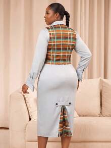 Women's Casual Plaid Blouse With Collar And Pencil Skirt Two Pieces Set, Stylish Button Details For Fall Winter Outfits - Light Grey - View 3
