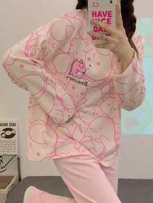 AICJ 休閒極簡風春夏秋女款長袖長褲恐龍印花居家睡衣套裝 2件組 - 淺粉色 - 查看 4