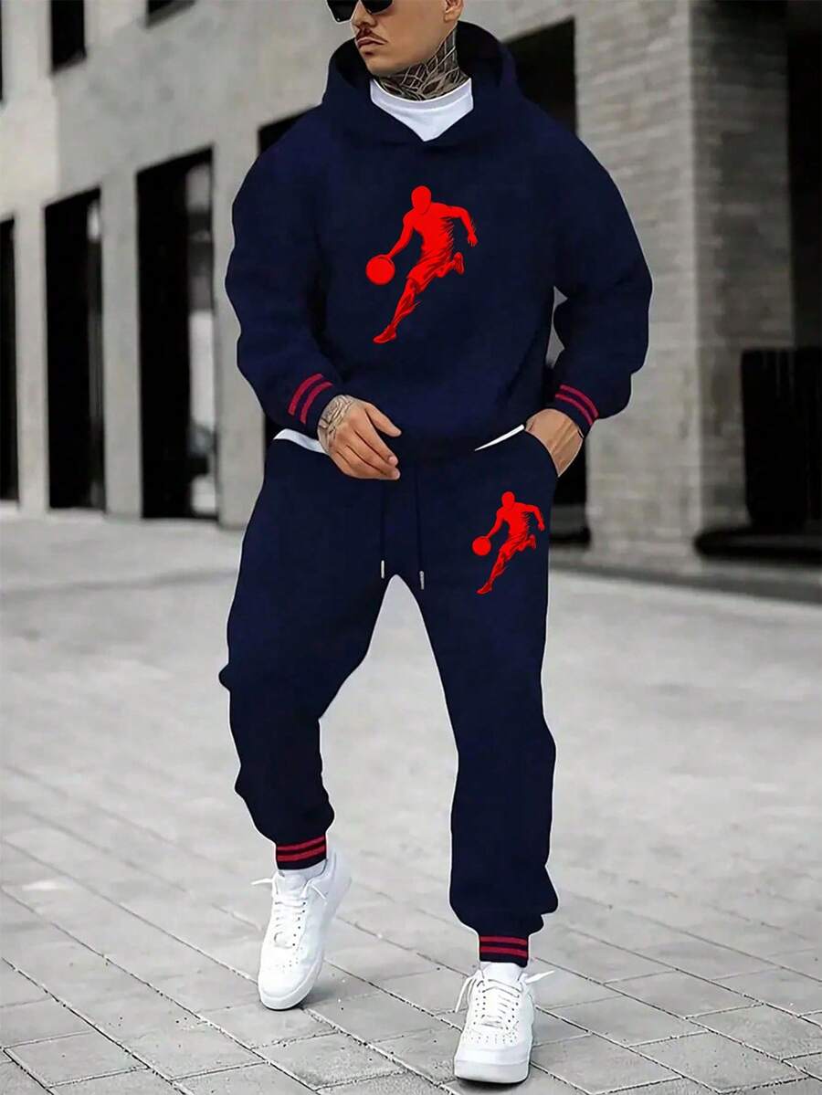 Men's Basketball Print Hoodie Sweatpants Set, Navy Blue Striped Ribbed Cuffs Loose Casual Sports Tracksuit - Royal Blue - View 1