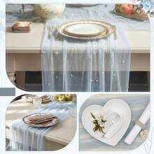 5pcs Pearl Gauze Table Runner 70*200/300cm 27.6*78.7/118.11inch Pearl Transparent Tulle Tablecloth Centerpiece Decor Suitable For Home, Wedding, Birthday Party, Bridal Shower, Baby Shower, Gift Holiday, Restaurant Decoration And Other Decorative Scenes - Blue - View 2