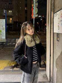 Custom Dyed Faux Fur Collar Small Grain Lamb Fleece Jacket Winter Black Fuzzy Winter Coat - Black - View 1