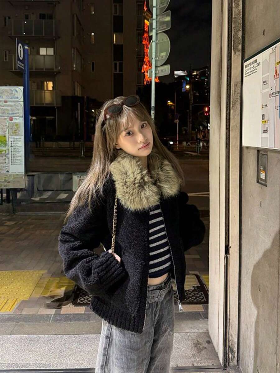 Custom Dyed Faux Fur Collar Small Grain Lamb Fleece Jacket Winter Black Fuzzy Winter Coat - Black - View 1
