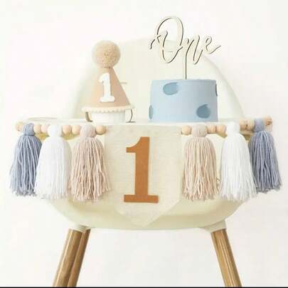 Handmade One First Birthday Decoration Blue Pom Pom Hat First Birthday Hat Blue Khaki Yarn Tassel Banner Bedroom Decoration
