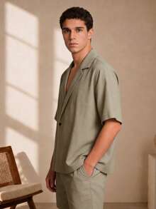 Men's Solid Color Lapel NeckShort Sleeve Single Button Casual Shirt - Army Green - View 4