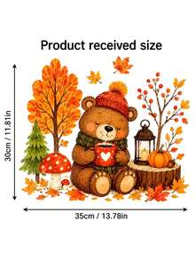 1pc Autumn Forest & Bear Window Sticker, Illustration Style Window Decor, Pumpkin Mushroom Pine Tree Lantern Berry Elements Glass Decal - D - View 4