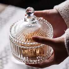 1pc Striped Glass Vanity Jar With Lid, Elegant Victorian Style Cosmetic Storage Container, Fashionable Decorative Bathroom Accessory, Perfect Valentine's Day And Wedding Season Gift For Wife And Girlfriend - Multicolor - View 7
