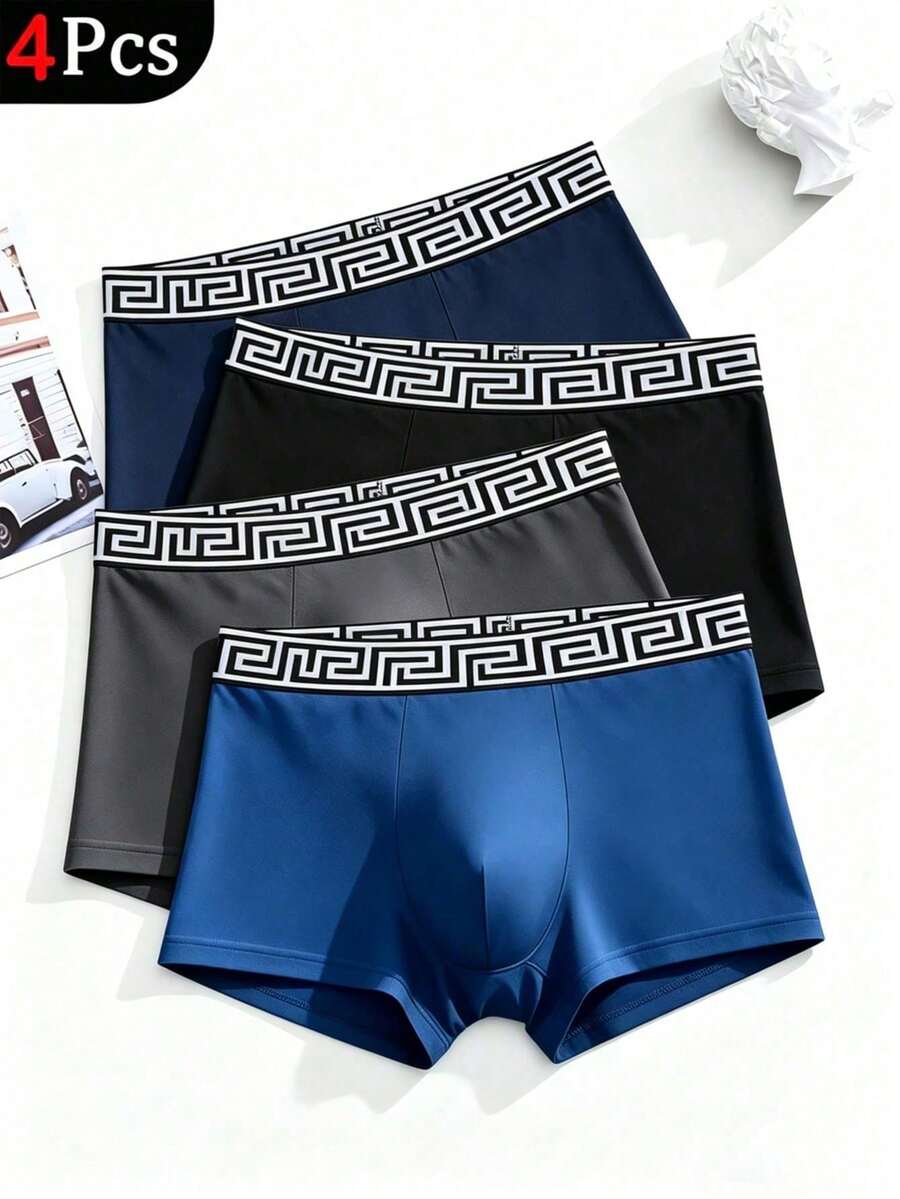4 piezas de calzoncillos bóxer de unicolor para hombres con estampado, ropa de dormir y estar en casa para hombres, ropa interior para hombres, pantalones cortos bóxer - Multicolor - Ver 1