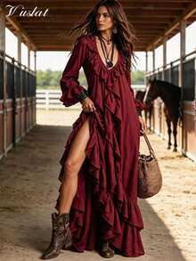 Vuslat Women's Autumn Deep V-Neck Burgundy Long Sleeve Double Layer Ruffle Hem Asymmetrical Halter Neck Maxi Dress, Suitable For Halloween, Music Festival - Burgundy - View 1