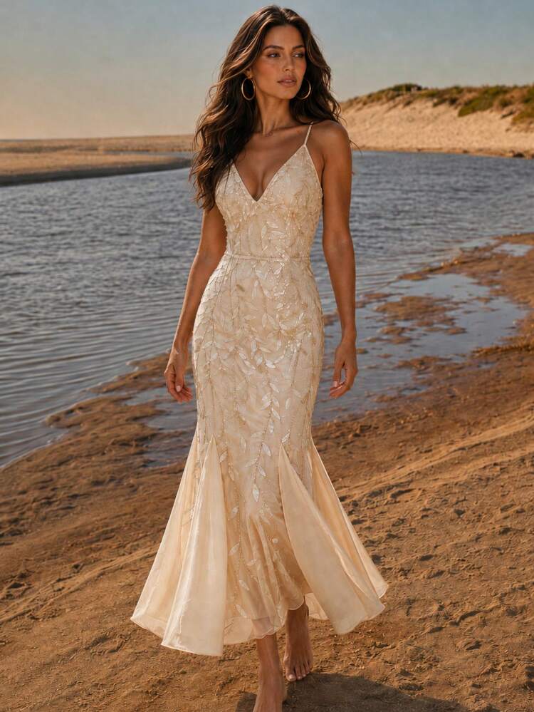 champagne maxi dress formal Women's Floral Sequin Mermaid Dress, Spaghetti Strap V-Neck Bodycon Evening Gown For Wedding Guest, Cocktail Party & Events elegant champagne gown