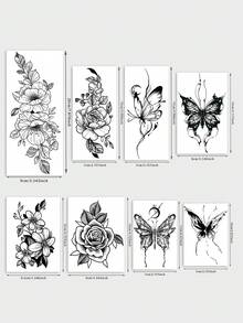 8 Pcs Blue Ink Floral Butterfly Temporary Tattoo Stickers, Sketch Rose & Gothic Butterfly Mixed Designs, Waterproof Body Art Decals For Ladies, Apply On Forearm, Waist, Shoulder, Hand, Vintage Cool Elegant Daily Decor - Black - View 12