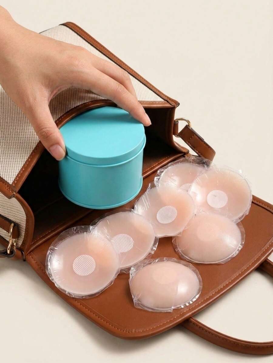 10pcs Reusable Women's Push-Up Breast Pads, Invisible Adhesive Strapless Backless Bra Silicone Nipple Covers With Iron Box Packaging - Apricot - View 1