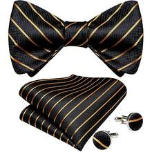 Dasi Kupu-kupu Bergaris Paisley untuk Pria, Sutra, Dasi Kupu-kupu Siap Pakai, Sapu Tangan Saku, dan Manset Set untuk Acara Formal, Pesta Pernikahan, dan Prom. - emas hitam - View 1