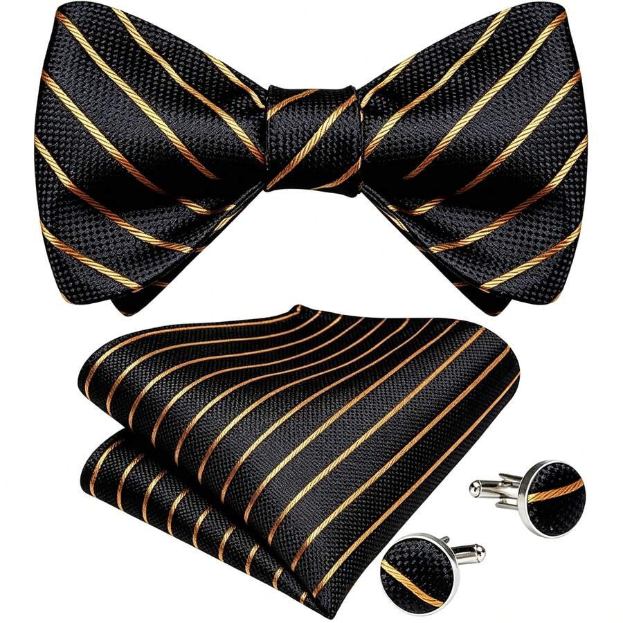 Dasi Kupu-kupu Bergaris Paisley untuk Pria, Sutra, Dasi Kupu-kupu Siap Pakai, Sapu Tangan Saku, dan Manset Set untuk Acara Formal, Pesta Pernikahan, dan Prom. - emas hitam - View 1