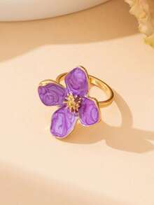 1pc Summer New Vacation Beach Style Elegant Handmade Purple Four-Petal Flower Drip Oil Ring For Women - Purple - View 2
