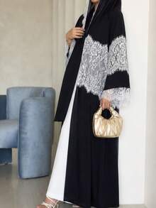 Hafizah Black Contrast Lace Trim Patchwork Long Sleeve Robe For Women, Stand Collar Waist-Cinching Slimming Elegant Long Dress, Formal Occasions Fall - Black - View 6
