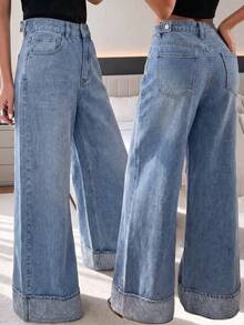 Mid-Waist Wide Leg Jeans With Waist Adjustment Buckle, Rhinestone Rolled Hem, Light Wash Loose Fit Casual - Medium Wash - View 5