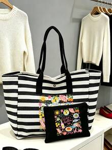 Large-Capacity, Retro-Style Tote Bag Featuring Stripes And Cute Letter Prints-Perfect For Women And An Excellent Gift Choice. - Multicolor - View 7