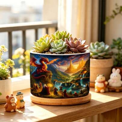 1pc Fantasy Red Dragon & Golden Castle Ceramic Planter With Drainage Hole, Elegant Indoor/Outdoor Flower Pot For Cactus, Herbs, Air Plants - Ceramic Plant Holder For Home, Office, Desktop Decor - Ideal Gift For Plant Lovers, Gardening, Home Decoration