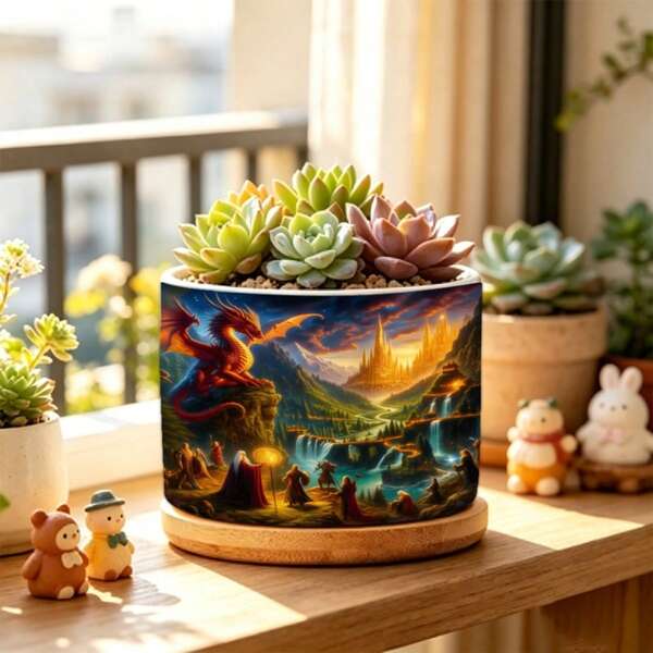1pc Fantasy Red Dragon & Golden Castle Ceramic Planter With Drainage Hole, Elegant Indoor/Outdoor Flower Pot For Cactus, Herbs, Air Plants - Ceramic Plant Holder For Home, Office, Desktop Decor - Ideal Gift For Plant Lovers, Gardening, Home Decoration