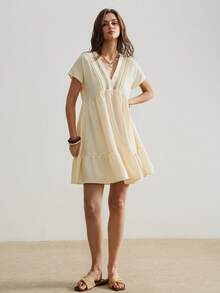 Rusttydustty Cream Yellow V-Neck Lace Patchwork Textured Loose Ruffle Hem Gentle Vacation Style Autumn Halloween Women's Short Dress - Pale Yellow - View 3