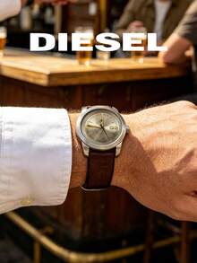 DIESEL Vintage Men's Watch Gold Dial Gold Logo Brown Leather Strap Minimalist Personalized Large Number Casual Wristwatch - Gold - View 5