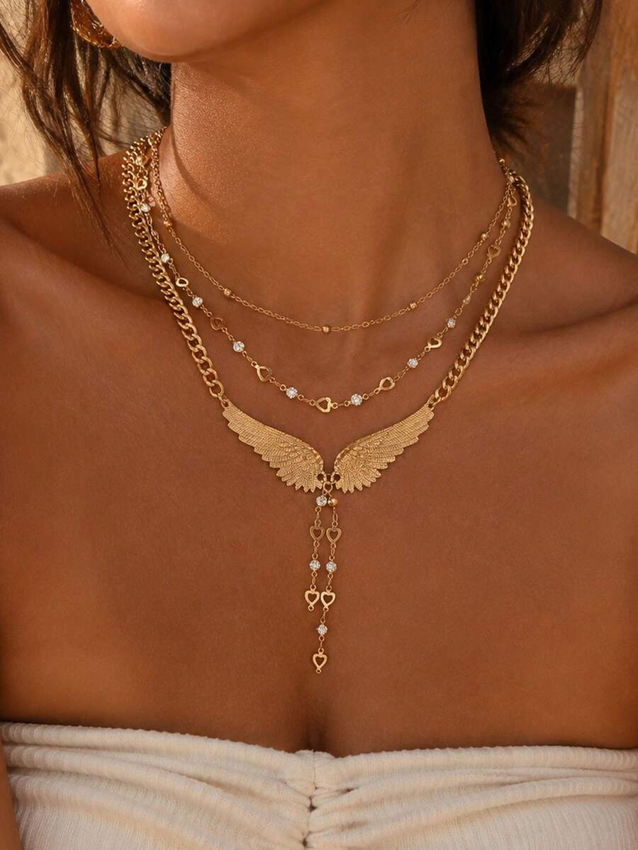 3pcs/Set Personalized Angel Wings Women's Necklace With Shiny Rhinestone Heart Element, Fashion Versatile Neck Jewelry Suitable For Daily Wear, Shopping, Dating, Party, Music Festival - Multicolor - View 1