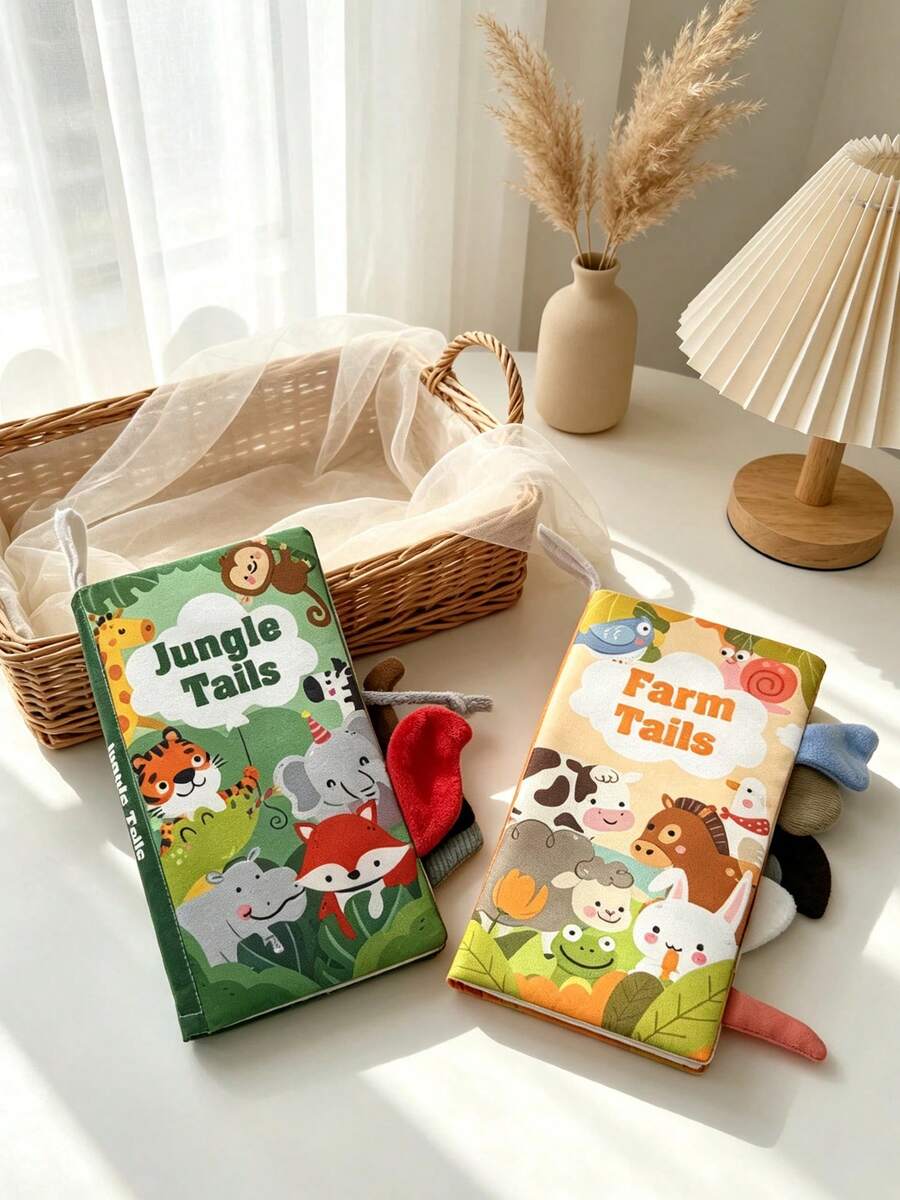 BBSKY 1pc 3D Animal Tail Cloth Book For Baby Boys And Girls, With Crinkle Paper, Rattle And Squeaker, Portable Hanging Ring Design For Stroller, Car Seat, Soothing Interactive Toy, Suitable As Newborn Baby Gift