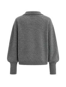 Women's Casual Regular Fit Dark Gray Notch Lapel Dropped Shoulder Metal Button Half-Placket Knit Sweater, Solid Color Top, Suitable For Social Outings, Autumn/Winter - Dark Grey - View 8