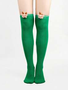 4/3/1 Pairs Christmas Striped Solid Color Bow Pom Pom Deer Head Green Red Cute Holiday Over Knee Thigh High Socks - Multicolor - View 22
