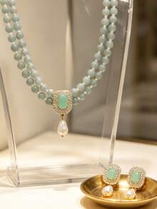 1 Set Vintage Mint Green Beaded Rhinestone Faux Pearl Necklace & Earrings Set, Suitable For Women's Party And Daily Wear - Green - View 3