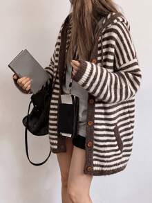 Women's Casual Striped Hooded Mid-Length Cardigan Sweater Jacket, Autumn/Winter - Coffee Brown - View 5