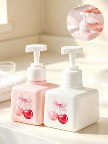 Cherry Pattern Press Type Pump Head Distributor, Foam Press Bottle Square, Thick Wall Lotion Bottle, Refillable Hand Sanitizer Distributor, Large Capacity Lotion Distribution Bottle, Equipped With Press Pump, Suitable For Bathroom Washstand, Hotel, - Multicolor - View 1