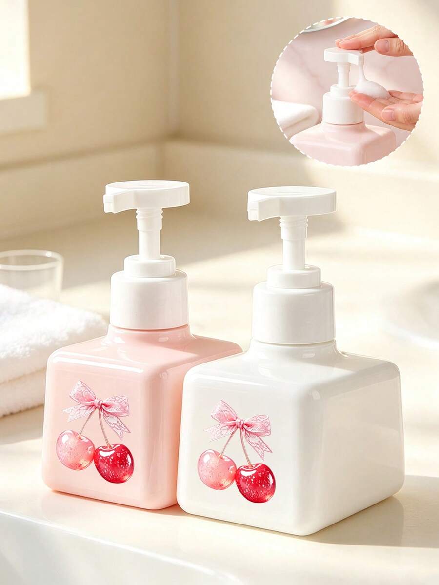 Cherry Pattern Press Type Pump Head Distributor, Foam Press Bottle Square, Thick Wall Lotion Bottle, Refillable Hand Sanitizer Distributor, Large Capacity Lotion Distribution Bottle, Equipped With Press Pump, Suitable For Bathroom Washstand, Hotel, - Multicolor - View 1