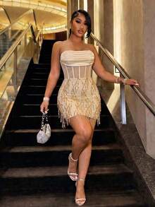 Sexy Cocktail Prom Dress, Shiny Basic Style, Elegant Party Dress, Anniversary Graduation Party Wedding Fall - Light Apricot Color - View 2