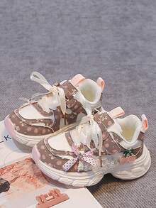 Girls' Sweet Floral Print Chunky Sneakers, Lace Bow Pearl Thick Sole Anti-Slip Princess Style Sneakers - Pink - View 2