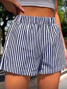 Women Two-Piece Outfits - 2 Navy Blue T-shirt With Navy Blue and White Striped Shorts - View 4