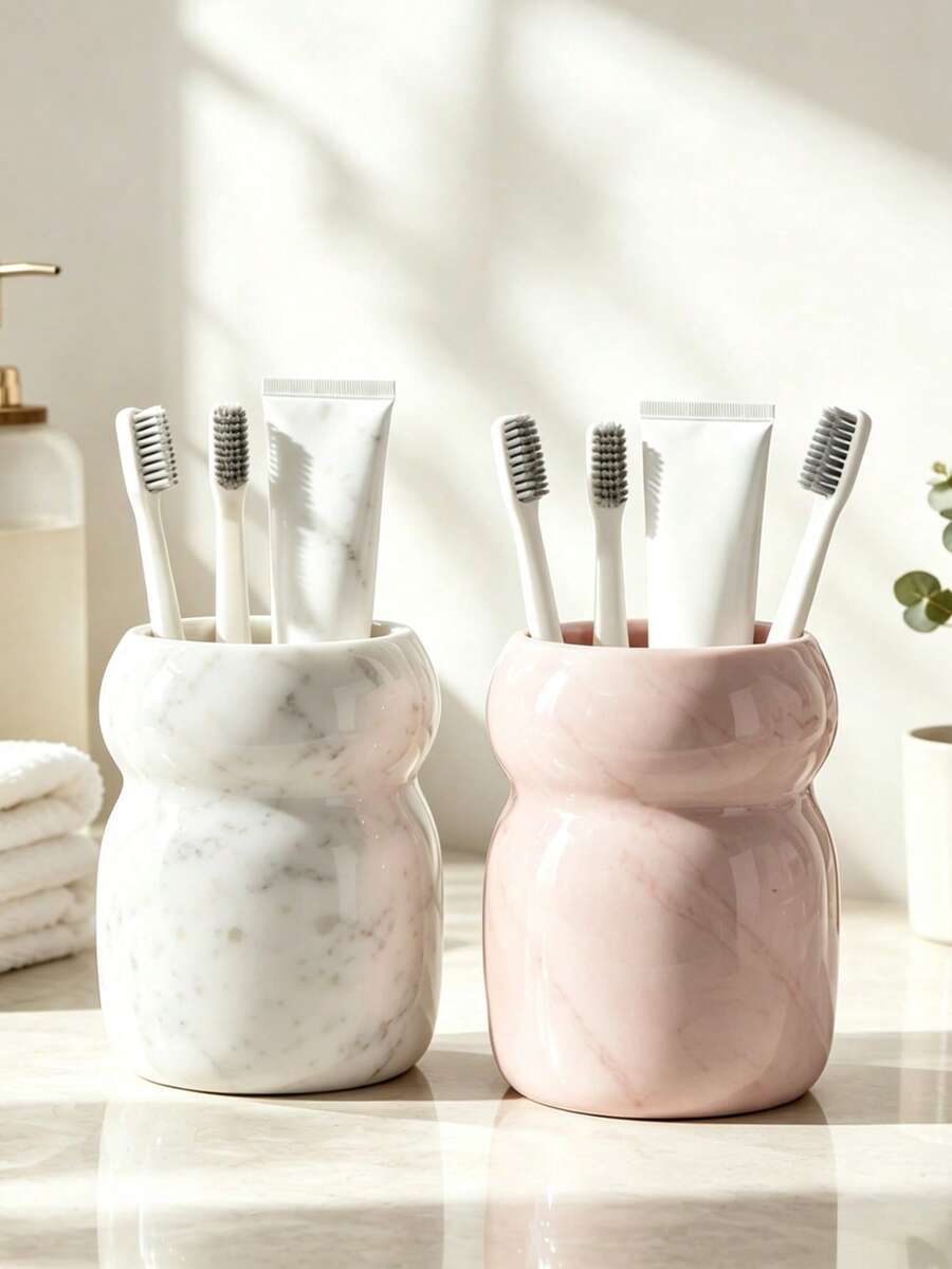 Elegant Marble‑Print Toothbrush Holder, Decorative Bathroom Vanity Counter Storage Cup For Toothpaste, Cosmetic Brushes Bathroom Accessory - Waist Cincher - View 1