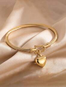 5/1pcsQuiet‑Luxury Stack Bracelet Set, Gold‑Tone Heart Pendant Roman Numeral Zirconia Stainless Steel Bangles For Daily Outfit & Trips - Gold - View 17