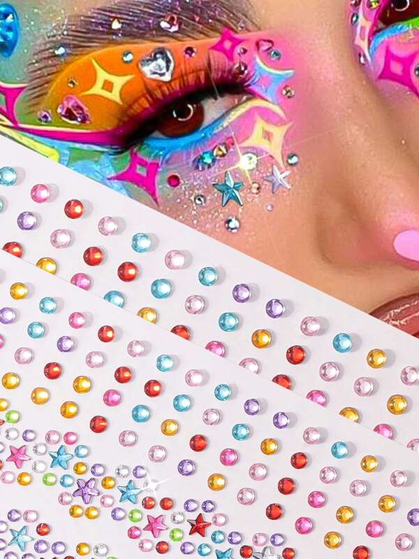 2Pcs Y2K Mixed Color Star Round Face Gems Stickers 3D Colorful Acrylic Rhinestone Facial Crystal Stickers Assorted Size Eye Body Jewels For Festival Christmas Halloween Party Cosplay Makeup Decoration