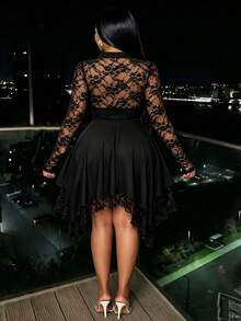 Plus Size Sweet Elegant Lace Patchwork Fashion Dress - Black - View 4
