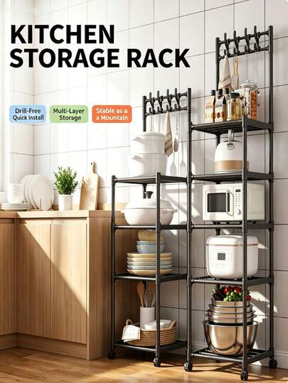 1pc Multi-Layer Rolling Kitchen Storage Rack With Hooks, Drill-Free Assembly Metal Multi-Function Trolley, Mobile Wheel Storage Rack Suitable For Microwave, Cookware, Kitchen Utensils, Bathroom And Home Storage